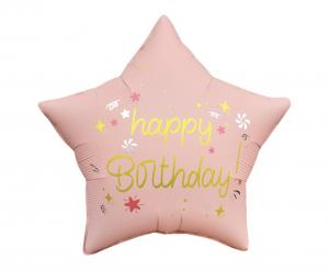 Balon foliowy gwiazda matowa różowa Happy Birthday Godan (44cm). Balon TYLKO na hel, elegancka dekoracja Baby Shower. Kup online w Zabawne Wydry Tychy.