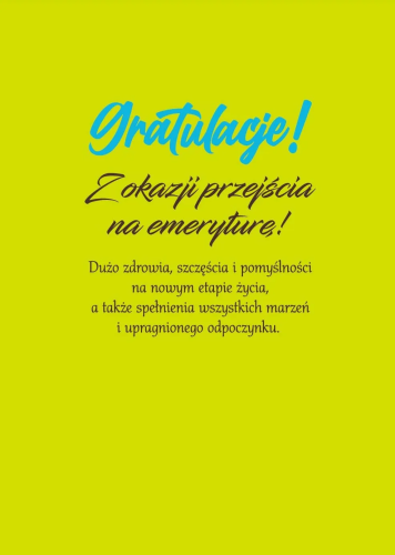 Karnet gratulacyjny Emerytura, konewka i kalosze ogrodowe, drewniany stół, z nadrukiem w środku.