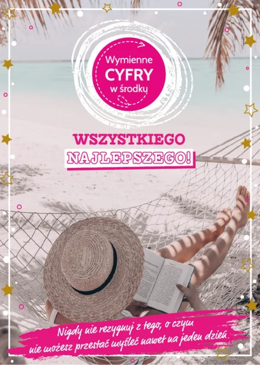 Kartka okolicznościowa Urodziny, wymienny wiek, motyw wakacje na plaży, hamak, arkusz cyfr, gotowe życzenia w środku.