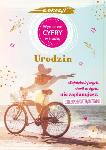 Kartka okolicznościowa Urodziny, różowa z wymiennym wiekiem, abstrakcyjne złote i różowe ornamenty, arkusze cyfr różowe i złote, gotowe życzenia w środku.