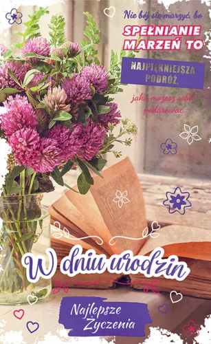 Karnet urodzinowy duży format 13x21 cm, abstrakcyjny wzór, złocenia, gotowe życzenia w środku.