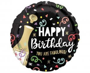 Balon foliowy okrągły Happy Birthday Anagram 46 cm, biały w kolorowe kropki, uniwersalny, balon z helem.