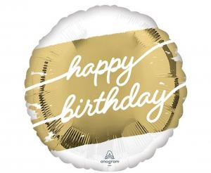 Balon foliowy okrągły Golden Age Happy Birthday Anagram 46 cm, czarno-złoty, elegancki, balon z helem.