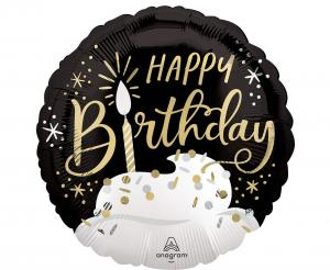 Balon foliowy okrągły Happy Birthday Anagram 46 cm, wielokolorowy w paski i gwiazdki, na urodziny, balon z helem.