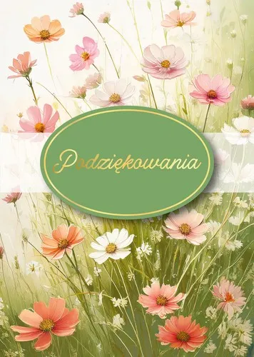 Kartka okolicznościowa Podziękowanie, motyw polnych kwiatów, złocony napis, pusty środek.