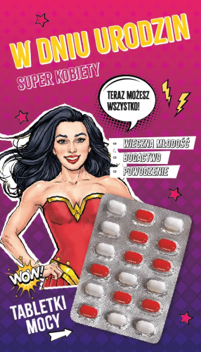 Kartka urodzinowa humorystyczna Super Kobieta, motyw Wonder Woman/superbohaterka i tabletki mocy, z gotowym tekstem życzeń.