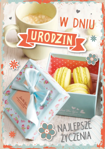Kartka urodzinowa W Dniu Urodzin, motyw prezentu i żółtych macarons, z gotowym tekstem życzeń w środku.