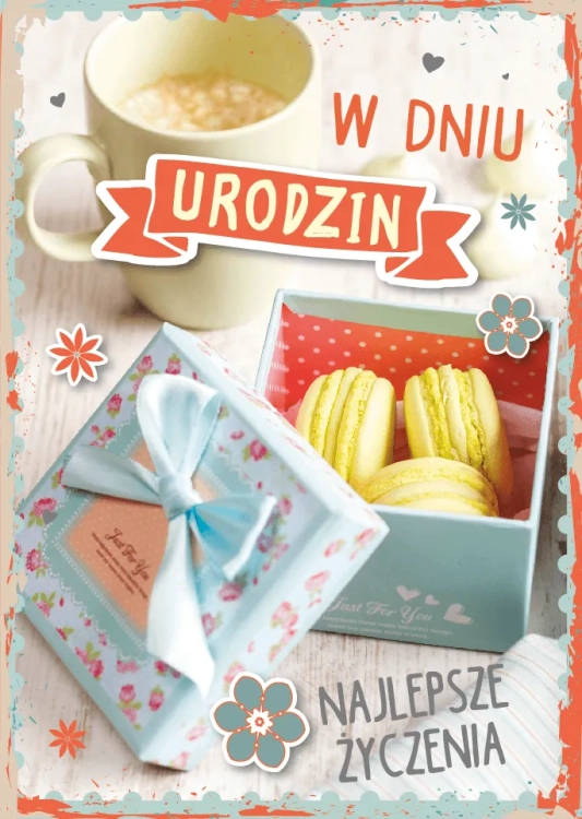 Kartka urodzinowa W Dniu Urodzin, motyw prezentu i żółtych macarons, z gotowym tekstem życzeń w środku.