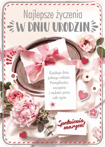 Kartka urodzinowa Najlepsze Życzenia, motyw różowych róż, prezent, z gotowym tekstem życzeń w środku.