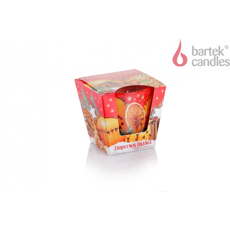 Świeca zapachowa Bartek Christmas Orange with Cinnamon 115 g, w szkle, zapach pomarańczy i cynamonu, czas palenia 30h.