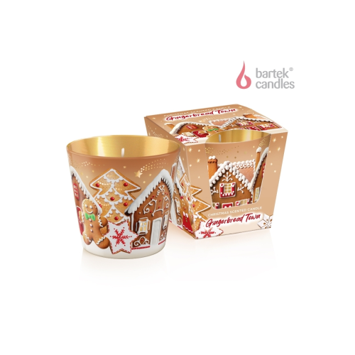 Świeca zapachowa Bartek Gingerbread Town 115 g, w szkle, zapach piernikowego miasteczka, czas palenia 30h, owocowo-korzenna.