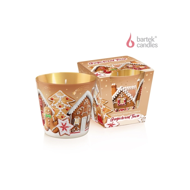 Świeca zapachowa Bartek Gingerbread Town 115 g, w szkle, zapach piernikowego miasteczka, czas palenia 30h, owocowo-korzenna.