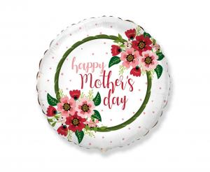 Balon foliowy okrągły Happy Mother's Day w kwiaty, Flexmetal 46 cm, prezent na Dzień Matki, balon z helem.