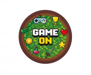 Talerzyki papierowe Game On styl Pixel Art, motyw gier komputerowych, średnica 18cm, Godan.
