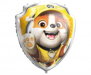 Balon foliowy tarcza Rubble Psi Patrol 75 cm, żółty piesek budowniczy, dekoracja na urodziny dla chłopca.
