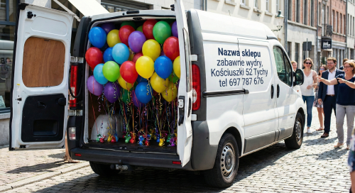 Samochód dostawczy z balonami z helem, bezpieczny transport dekoracji Tychy Katowice, poczta balonowa.
