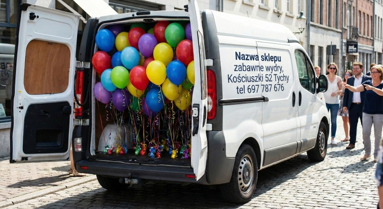 Samochód dostawczy z balonami z helem, bezpieczny transport dekoracji Tychy Katowice, poczta balonowa.