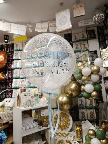 Balon Aqua Kula Śnieżna ze styropianem, metryczka dla dziecka Olivier, trwały balon z helem Tychy.