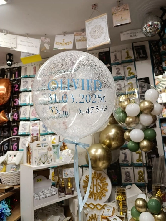 Balon Aqua Kula Śnieżna ze styropianem, metryczka dla dziecka Olivier, trwały balon z helem Tychy.