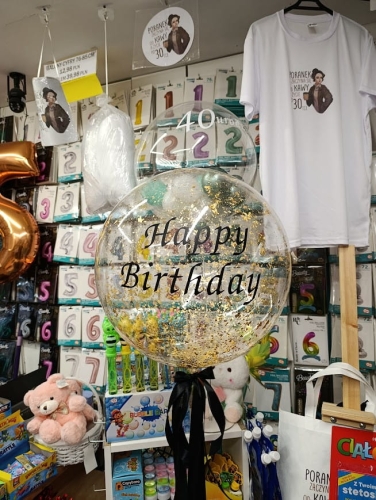 Balon Aqua Bubble z płatkami złota w środku i czarnym napisem Happy Birthday, dekoracja Glamour Tychy.