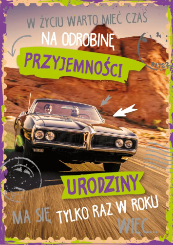 Kartka urodzinowa dla mężczyzny Karnet GM, motyw srebrny kabriolet i złota karta, gotowe życzenia pomyślności.