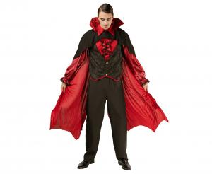 Strój karnawałowy Lord Wampir dla mężczyzny Godan, rozmiar 52, czarno-czerwona peleryna i bluzka, na Halloween.