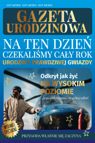 Kartka urodzinowa w formie gazety Karnet AS, motyw pilota helikoptera, życie na wysokim poziomie, złocenia.