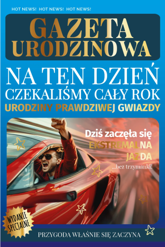 Kartka urodzinowa w formie gazety Karnet AS, motyw czerwonego samochodu sportowego, ekstremalna jazda, złocenia.