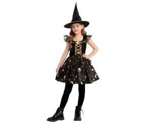 STRÓJ Zestaw dla dzieci Czarna Czarownica ( sukienka, kapelusz), rozm. 110/120 cm
