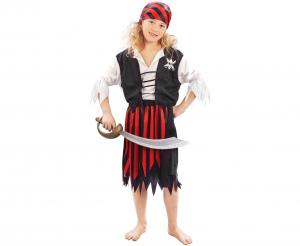 Strój Zestaw dla dzieci Pasiasta Piratka (bluzka z kamizelką, spódnica, pasek, chusta), rozm.120/130 cm