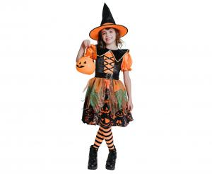 Strój Zestaw dla dzieci Dyniowa Czarownica (sukienka, kapelusz, pasek, kołnierz), rozm. 120/130 cm