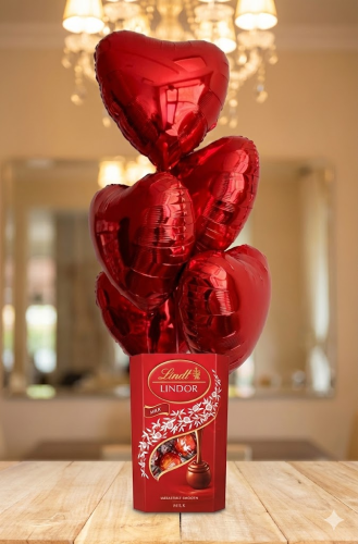 Poczta Balonowa: 5 Serc z Helem + Praliny Lindt (200g) | Zestaw Walentynkowy
