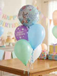 Bukiet 5 balonów, 4 latekowych +1 foliowy balon z helem na 1 urodziny 