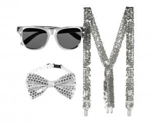 Srebrny Zestaw Disco (Szelki, Muszka, Okulary)
