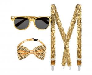 Złoty Zestaw Imprezowy (Szelki, Muszka, Okulary)