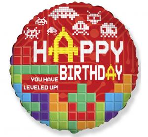 Okrągły balon foliowy o średnicy 18 cali, różnokolorowy z motywem tetris , przeznaczony do napełnienia helem lub powietrzem. Balon posiada zawór samo zamykający ułatwiający napełnienie.