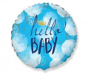 Okrągły balon foliowy o średnicy 18 cali, różnokolorowy z motywem Hello baby, przeznaczony do napełnienia helem lub powietrzem. Balon posiada zawór samo zamykający ułatwiający napełnienie.