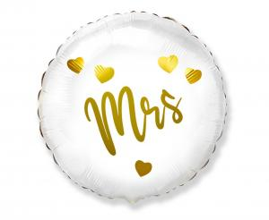 Okrągły balon foliowy o średnicy 18 cali, różnokolorowy z motywem mrs, przeznaczony do napełnienia helem lub powietrzem. Balon posiada zawór samo zamykający ułatwiający napełnienie.