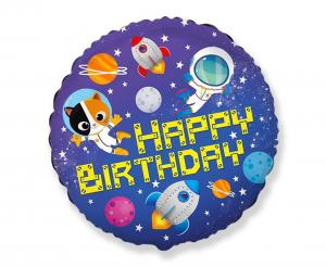 Okrągły balon foliowy o średnicy 18 cali, różnokolorowy z motywem astronauta, przeznaczony do napełnienia helem lub powietrzem. Balon posiada zawór samo zamykający ułatwiający napełnienie.