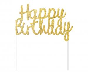 Topper na Tort Happy Birthday  Złoty  Brokat 