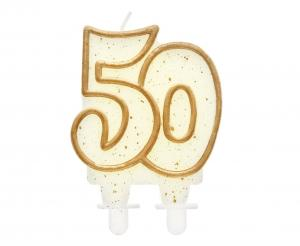 Elegancka Świeczka Urodzinowa Cyfra "50" Biało-Złota (Beauty & Charm)