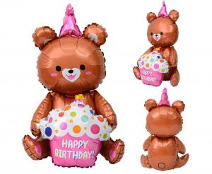 Balon Foliowy Siedzący Miś z Babeczką Happy Birthday (58x42 cm)