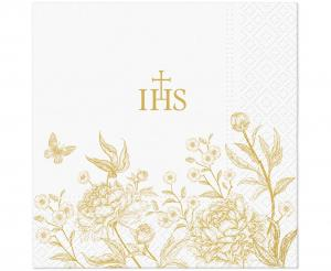 Eleganckie Serwetki Komunijne Złote IHS i Kwiaty 33x33cm (20 szt.)