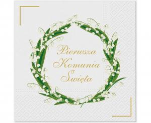 Serwetki Komunijne z Wieńcem Konwalii i Złotym Napisem 33x33cm (20 szt.)