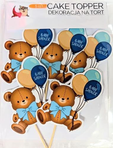 Zestaw 5 papierowych topperów na patyczkach na Baby Shower z motywem misia i niebieskich balonów, w przezroczystym opakowaniu foliowym.