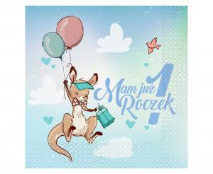 Jasnoniebieska serwetka papierowa na roczek chłopca z uroczym kangurkiem trzymającym balony i prezent oraz napisem Mam już 1 Roczek
