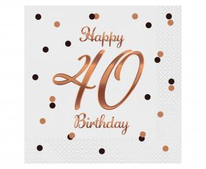 Serwetki Papierowe 40 Urodziny Białe Rose Gold 33x33cm - 20 szt.