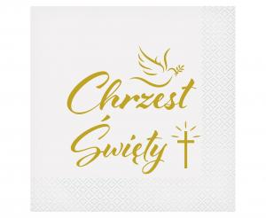 Serwetki Papierowe Chrzest Święty Białe Złote Gołąbek 33x33cm - 20 szt.