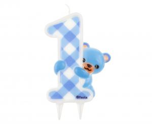 Świeczka Urodzinowa Cyfra 1 z Niebieskim Misiem 12 cm – Na Roczek | Tychy