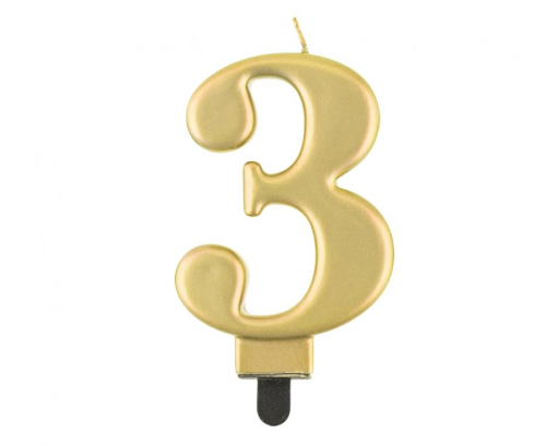 Świeczka urodzinowa cyfra 3 Metalik – idealna na  Urodziny! Doda blasku każdemu tortowi i stworzy magiczną atmosferę. Dostępna w Zabawnych Wydrach w Tychach i online.
